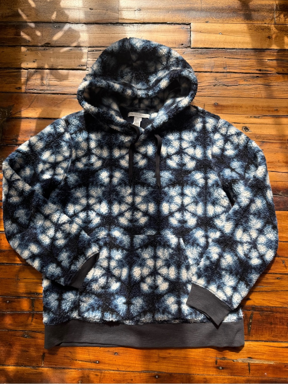 Outerknown Plush Hooded Pullover Fleece Hoodie - Blue White Pattern